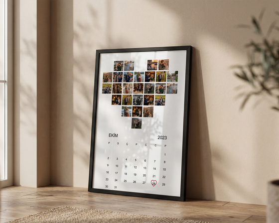 Fotoğraflı ve Tarihli Kalp Şeklinde Kişiye Özel Poster Tablo